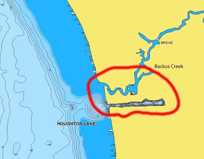 Houghton Lake, MI lake map with the Backcus Creek area circled.