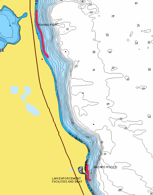 Shoreline structure on Big Spirit Lake, Iowa lake map marked for fishing.