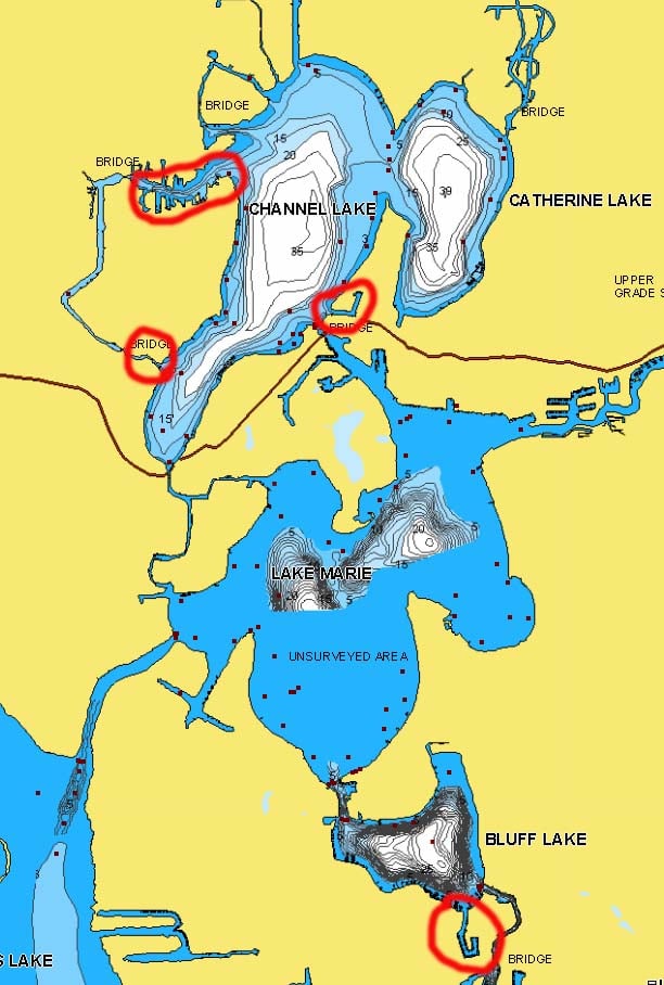 Fox Chain of Lakes, IL with fishing areas marked in Channel Lake.