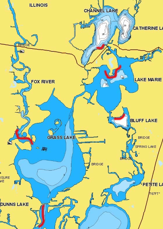 Fox Chain of Lakes, IL lake map with fishing hot spots marked in Grass and Marie Lakes.