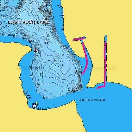 East and West Rush Lakes, Chisago County, Minnesota lake map with shallow water fishing spots marked.