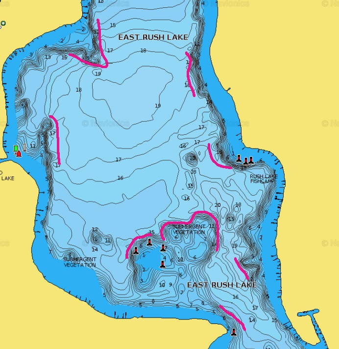 East Rush Lake, Minnesota with main lake points marked for fishing.