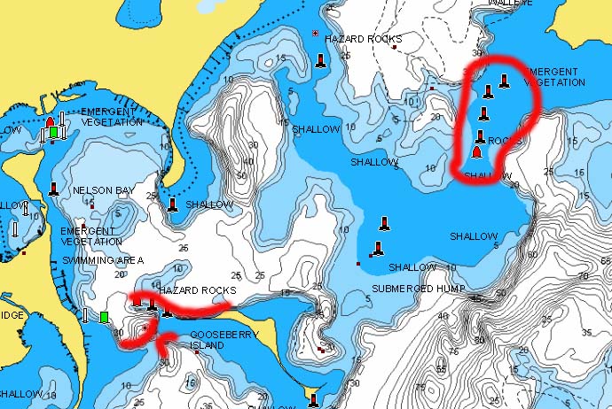 Main lake section of Pelican Lake, MN marked with hazard areas.