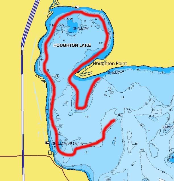 Houghton Lake, MI lake map with fishing spots marked in the north west corner.