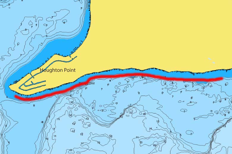 Houghton Lake, MI with the shoreline by Houghton Point highlight for fishing.