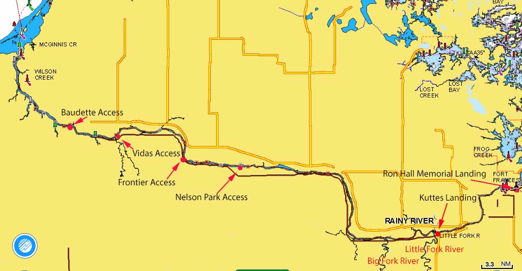 Rainy River, MN/Ontario with boat accesses identified on the map.