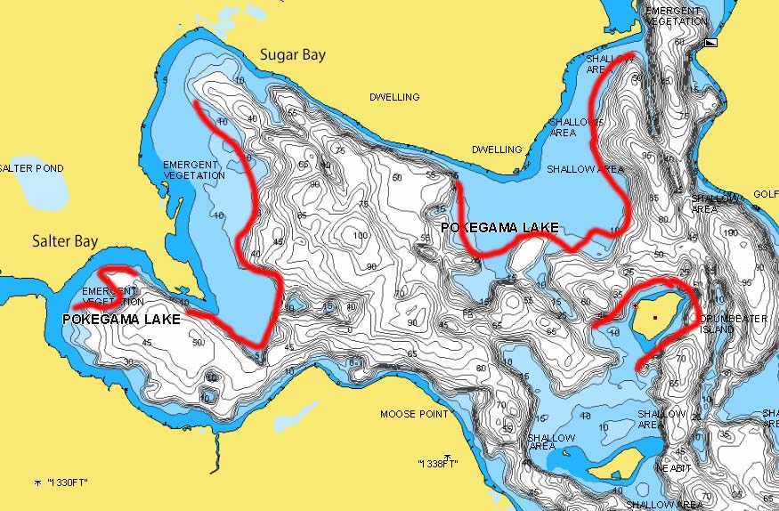 Main lake areas of Lake Pokegama, MN marked with fishing spots.