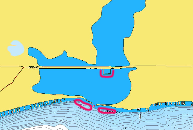 Channels and bridge on Big Spirit, IA lake map marked