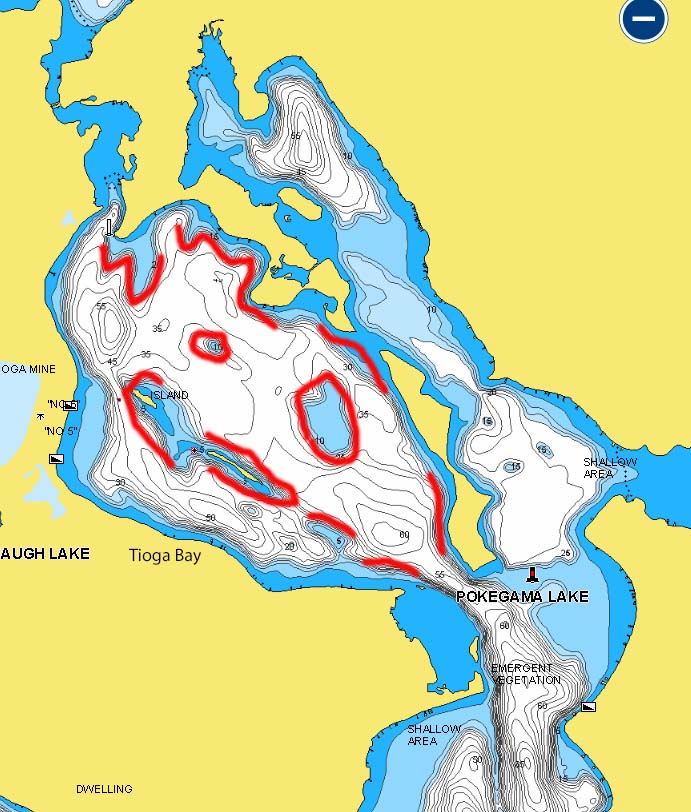 Tioga bay fishing spots marked, Lake Pokegama, MN.