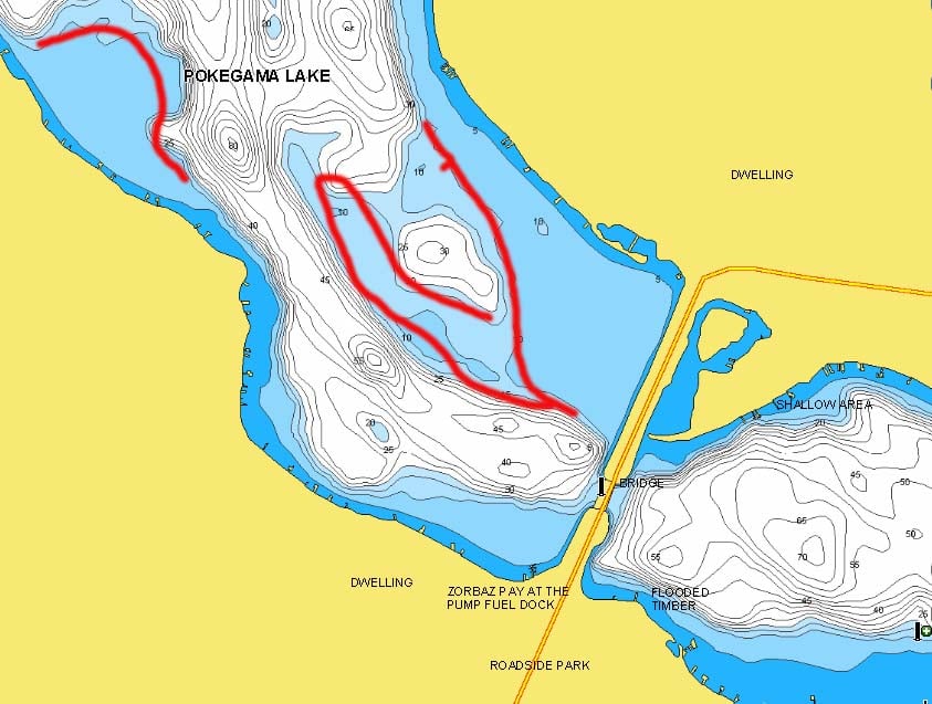 The Highway 169 area of Lake Pokegama with fishing sections marked.