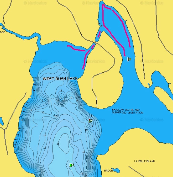 West Rush Lake, Minnesota lake map with shoreline fishing spots marked.