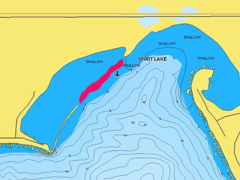 Shallow section of Big Spirit, IA marked on lake map.
