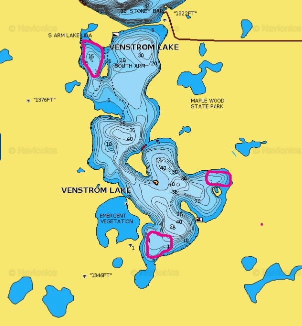 Venstrom Lake, lake map with fishing spots circled.