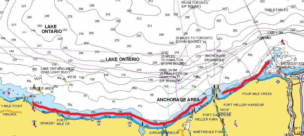 Shoreline section of Lake Ontario marked for fishing