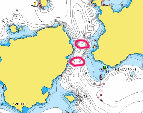 Area near Nashata Point on Lake Kabetogama circled for fishing.