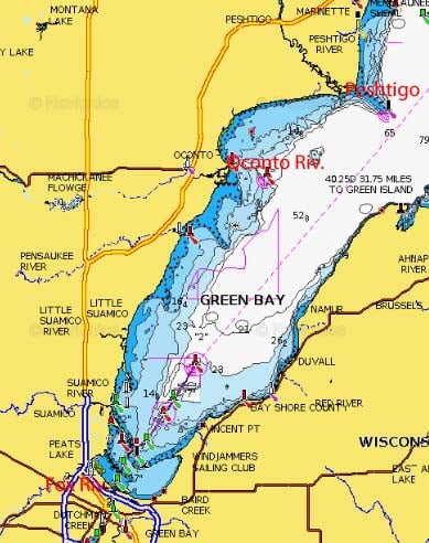 River mouths marked on Green Bay lake map