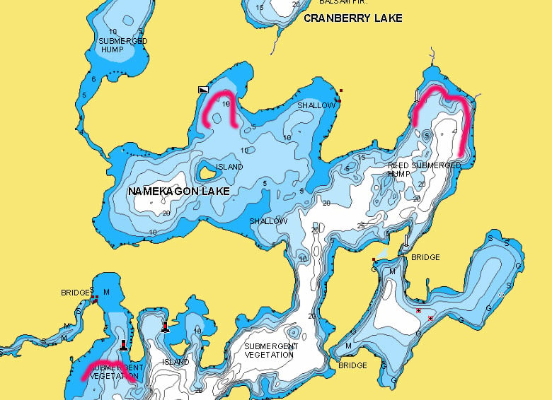 Lake Namekagon lake map with fishing spots marked