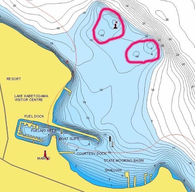 Shallow spots on Lake Kabetogama, MN circled.