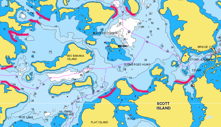 Chippewa Flowage, WI lake map around Scott Island with fishing spots marked.