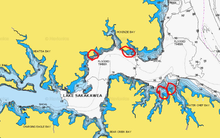 Main lake points circled for fishing on Lake Sakakawea, ND.