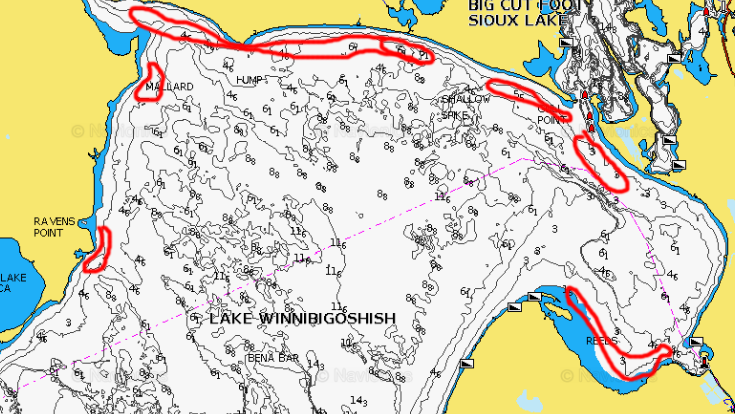 Mallard and Raven's Point area of Lake Winnibigoshish marked for fishing spots.