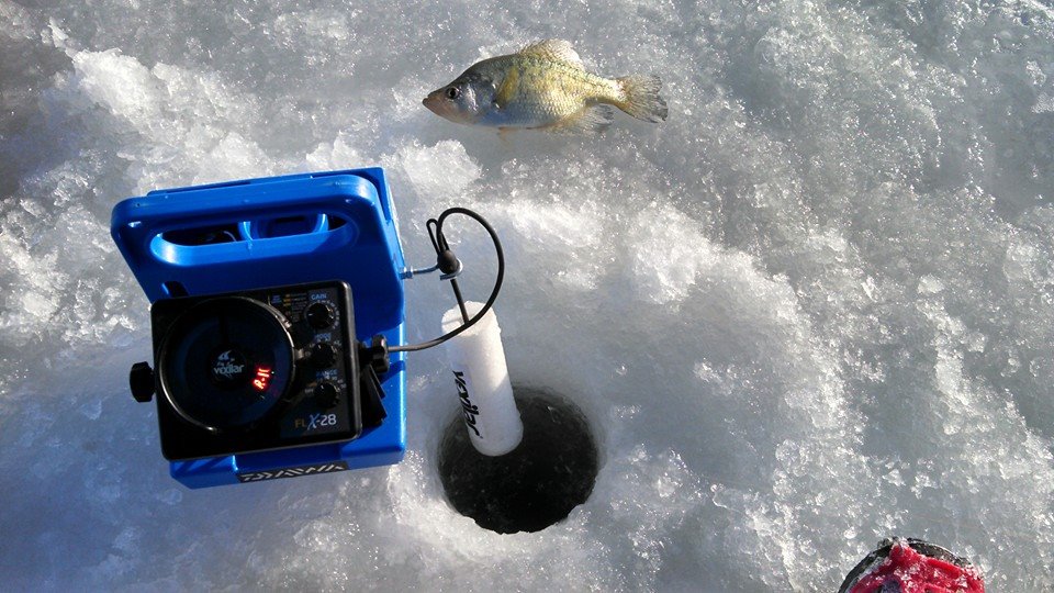 Ice fishing hole with a Vexilar and crappie on the ice.