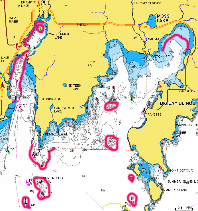 Fishing spots circled on Bay De Noc lake map
