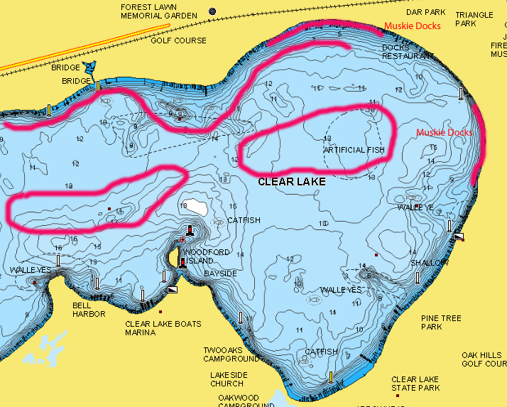 Clear Lake, Iowa lake map with main lake fishing spots marked.