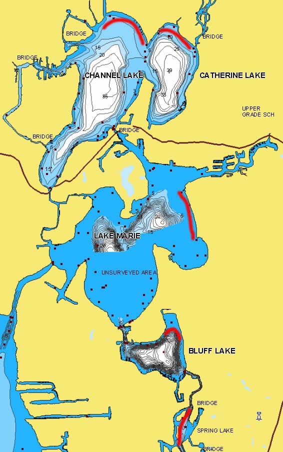 Fox Chain of Lakes, IL lake map with fishing spots marked in Catherine and Bluff Lakes.