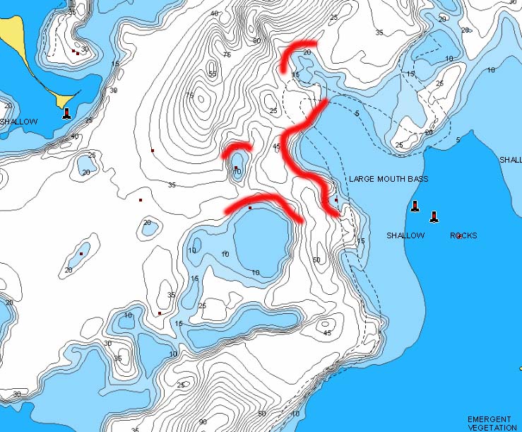 Areas of Pelican Lake, MN marked for largemouth bass fishing.