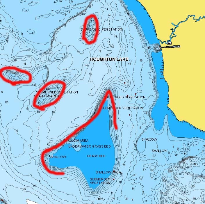 Houghton Lake, MI, lake map with main lake structure marked for fishing.