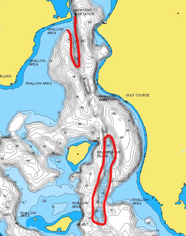 Shallow water bars on Lake Pokegama marked.