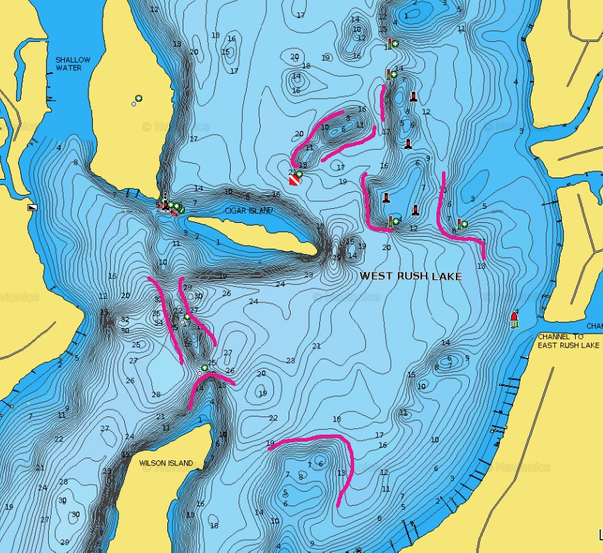 West Rush Lake, Minnesota with main lake points marked for fishing.