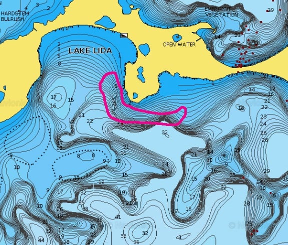 Lake Lida fishing spot circled on the lake map.
