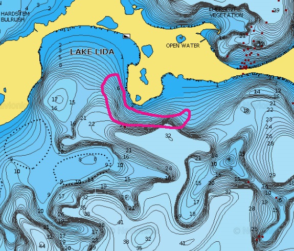 Lake Lida fishing spot circled on the lake map.