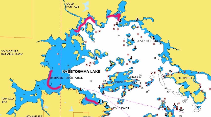 Popular fishing areas on Lake Kabetogama, MN are highlighted.