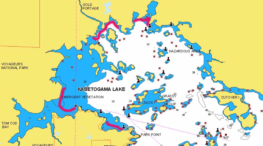 Popular fishing areas on Lake Kabetogama, MN are highlighted.