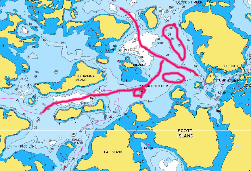 Chippewa Flowage, WI lake map around Big Banana Island with fishing spots marked.