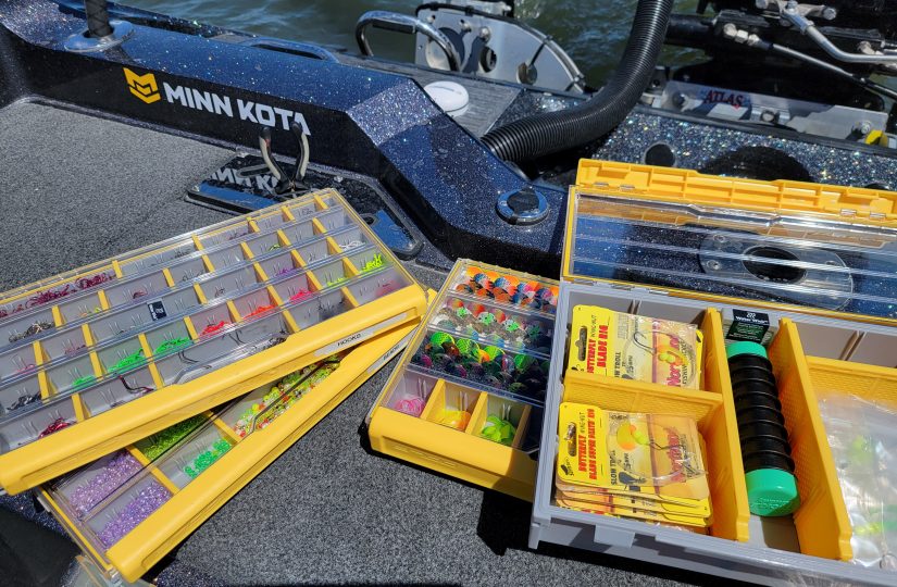 Spinner rig components organized in tackle boxes.