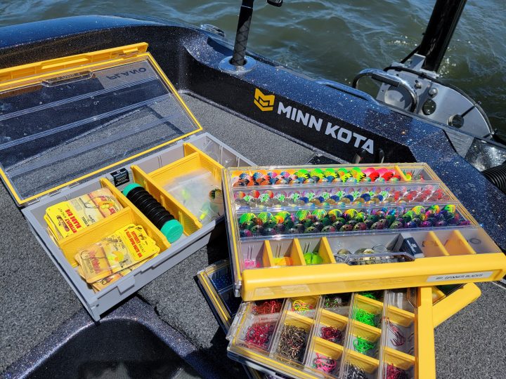 Tackle Boxes with spinner rigs and components.