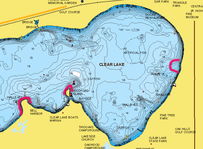 Clear Lake, Iowa lake map with points marked for fishing sucess.