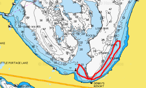 The area of Lake Winnibigoshish by Denny's Resort on a lake map.