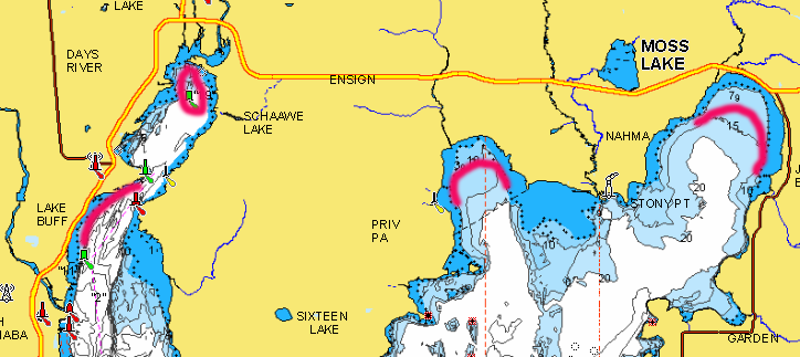 Northern most spots on Bay De Noc circled for fishing on the lake map