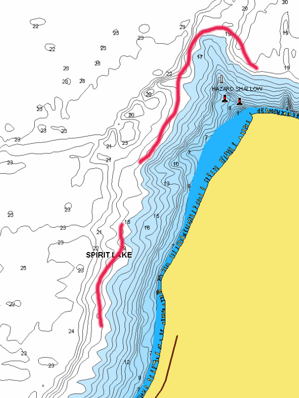 Break lines marked on Big Spirit, Iowa lake map marked