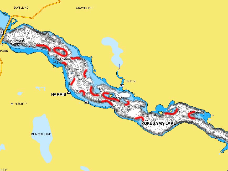 Lake Pokegama, arm near Harris, MN marked with fishing hot spots.