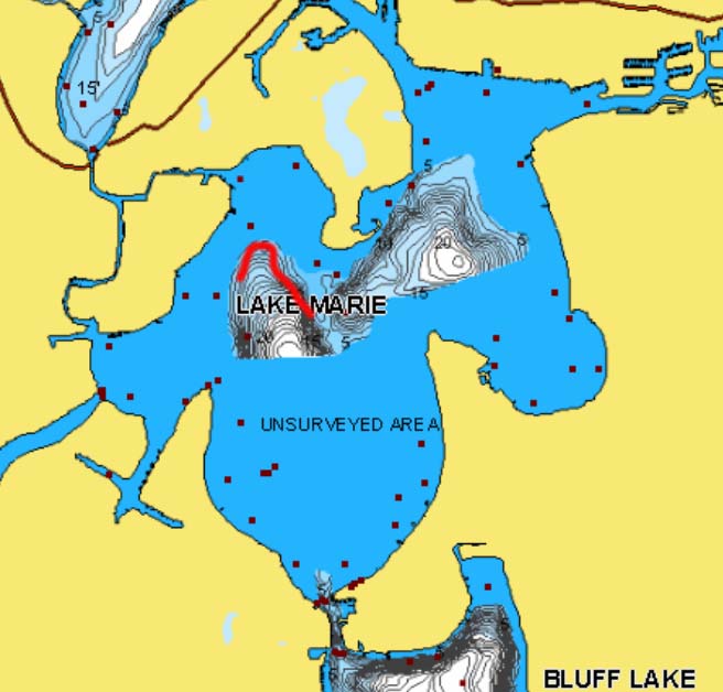 Fox Chain of Lakes, IL lake map with fishing hot spots marked in Lake Marie.