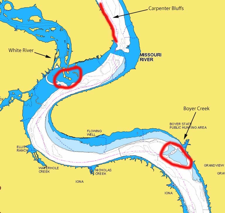 Boyer Creek, White River outflow and Carpenter Bluffs circled on map of Lake Francis Case, SD.