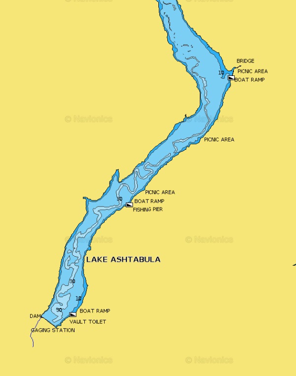 Lake Ashtabula, North Dakota lake map with boat ramps marked.