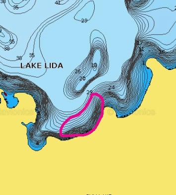Southern corner of Lake Lida, on lake map with fishing spot circled.