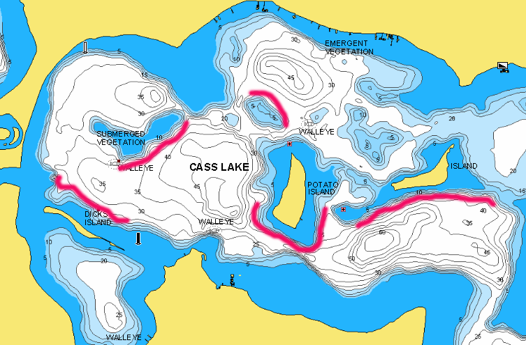 Cass Lake lake map with fishing spots marked